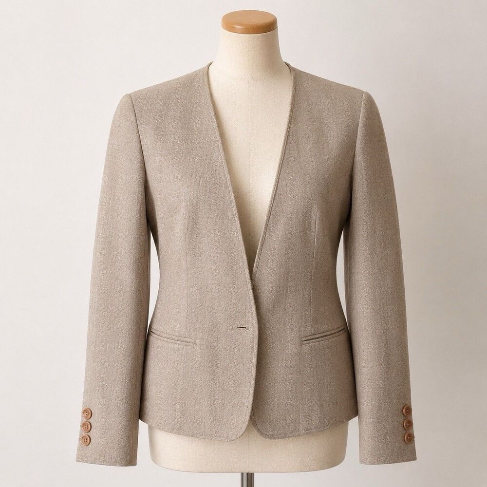 Vintage Ferncroft Linen Blend Collarless Blazer Women's 7/8 Taupe Union Made
